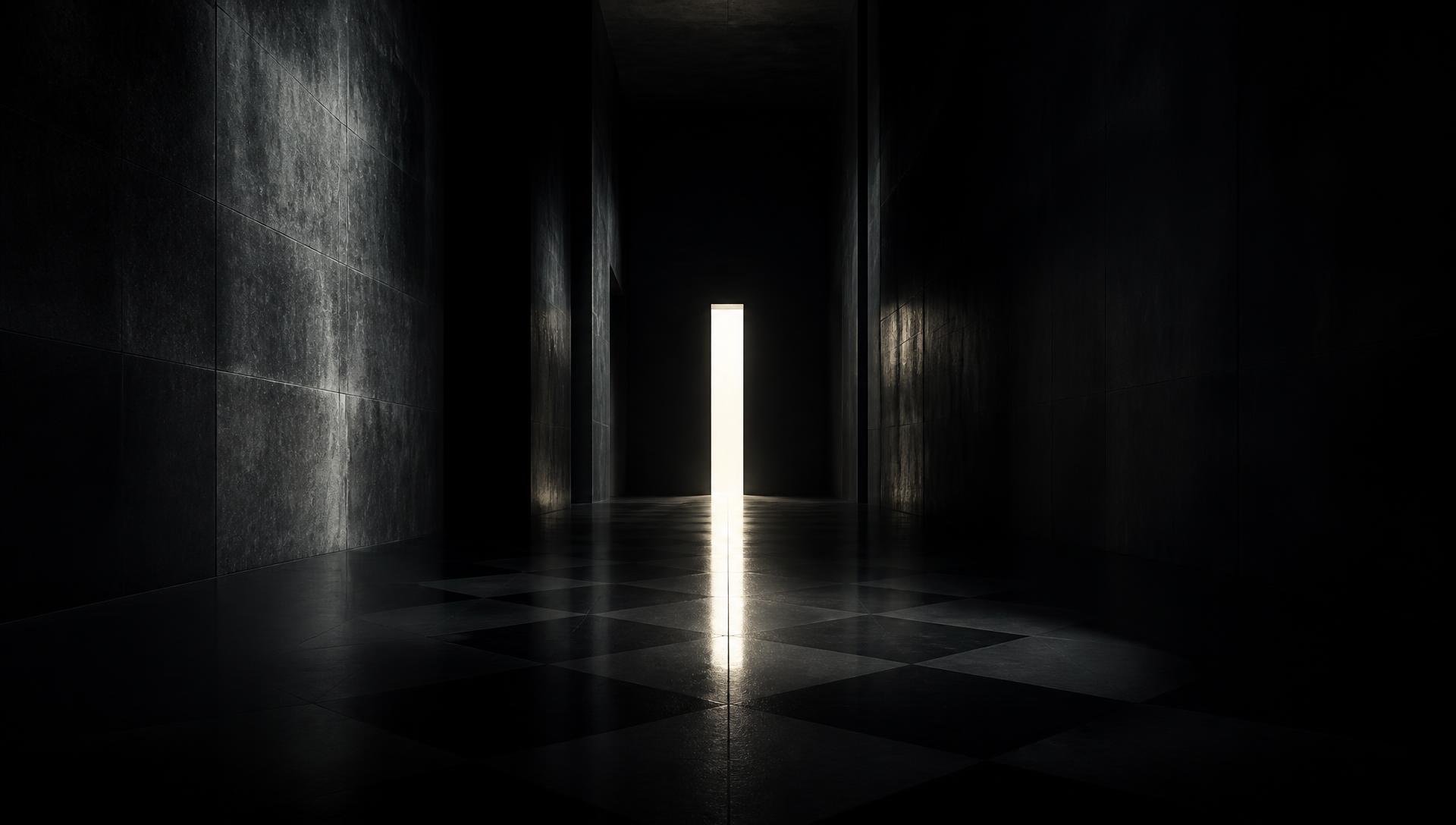 A dark corridor with a single narrow, brightly lit doorway at its end